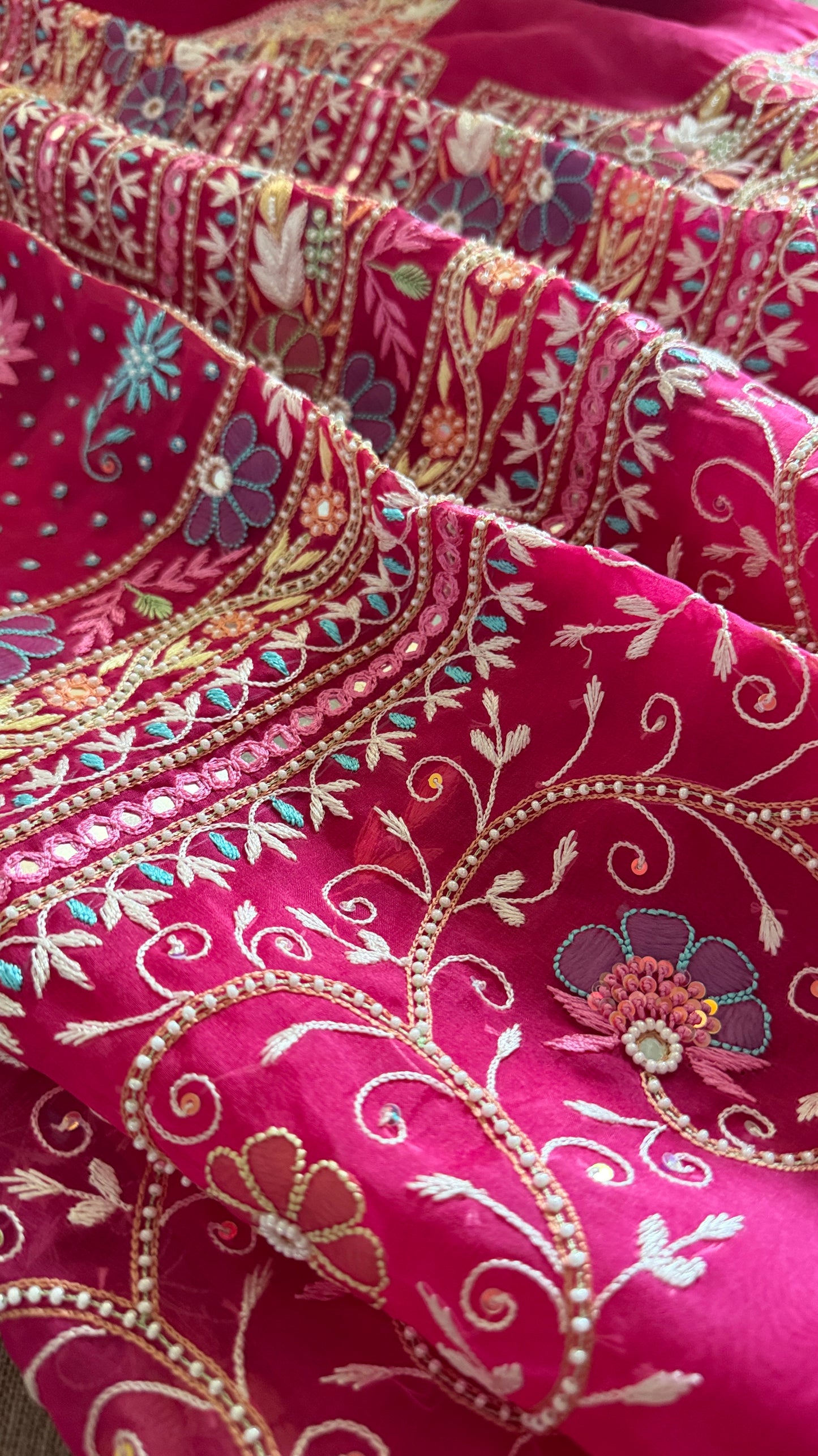 Luxury Pearl Handcrafted Organza Chikankari Suit- Magenta