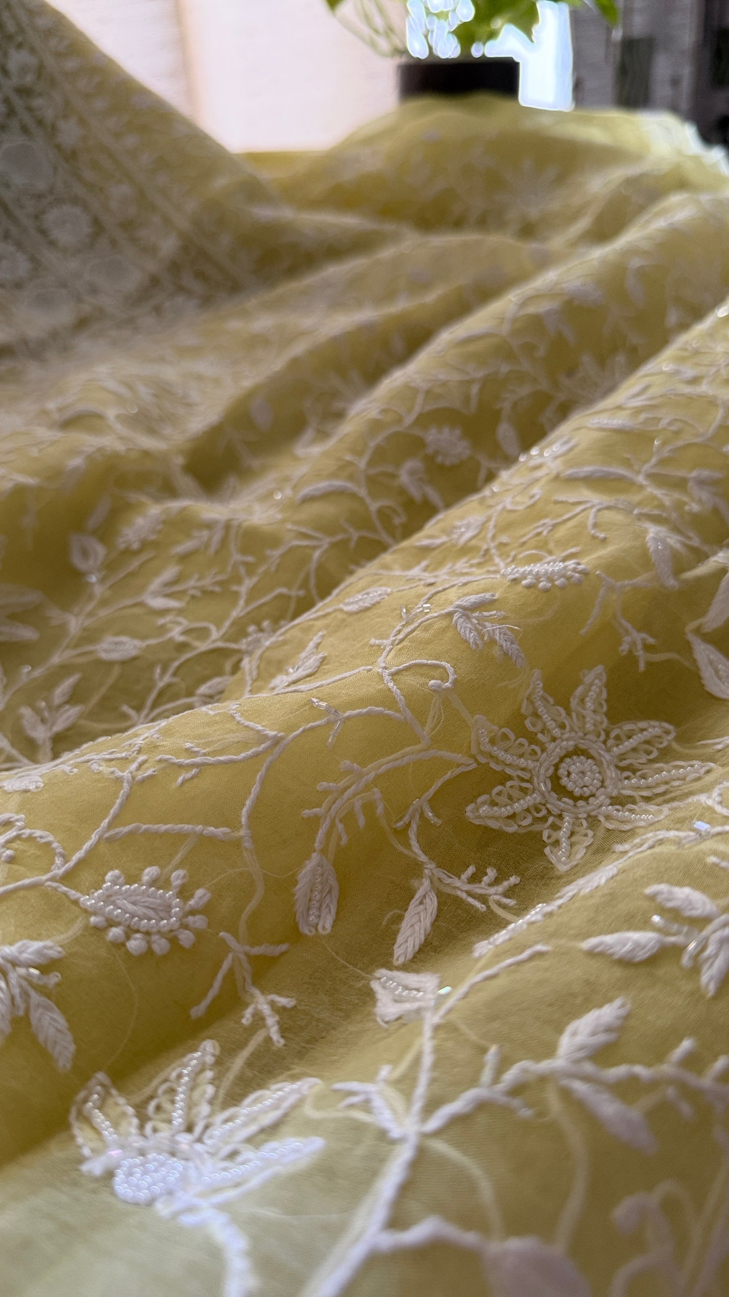 Designer Yellow Organza Cut Dana Pearl Chikankari Suit
