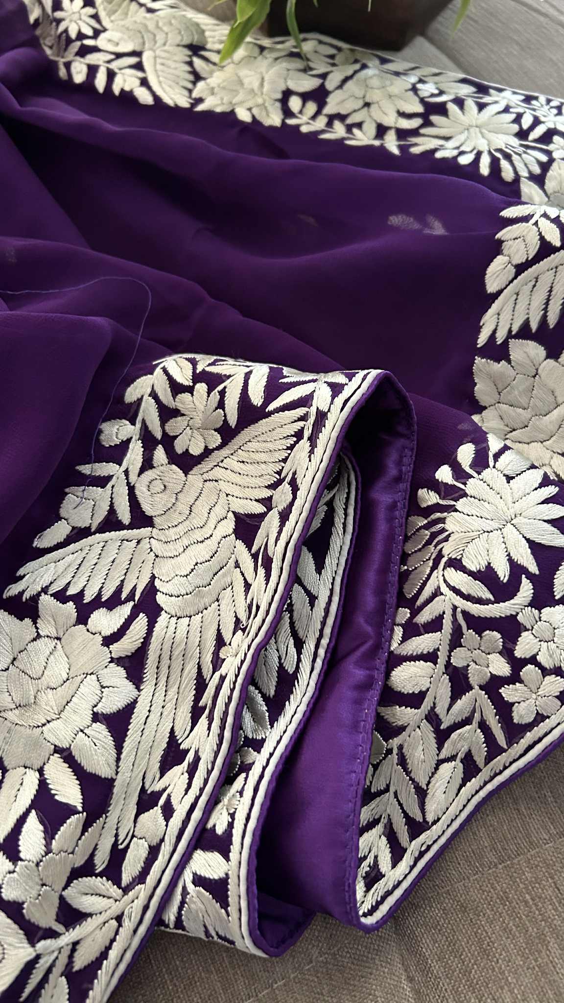 Ivory & Purple Parsi Gara Dupatta