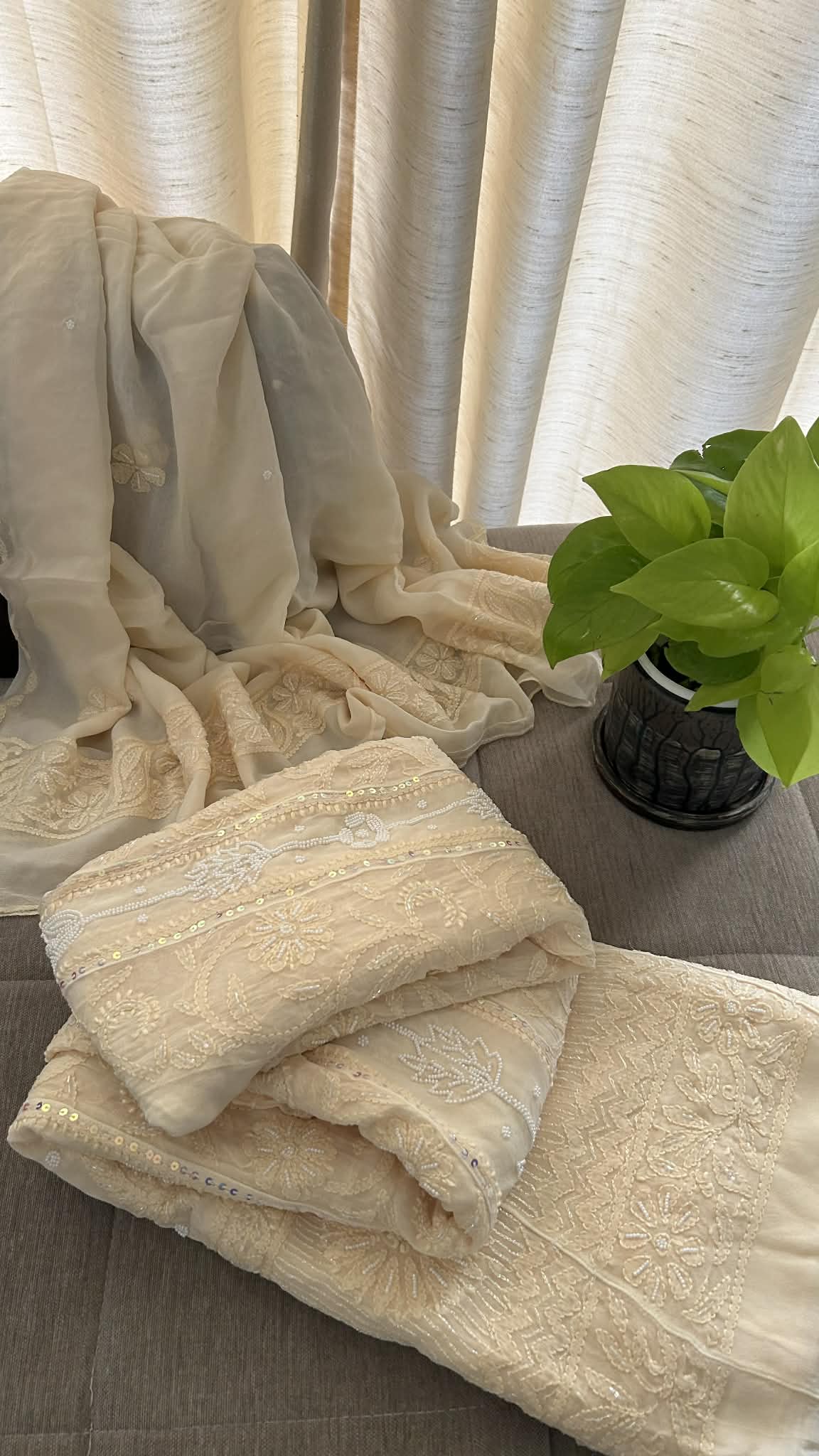 Beige Pearl Chikankari Anarkali Suit