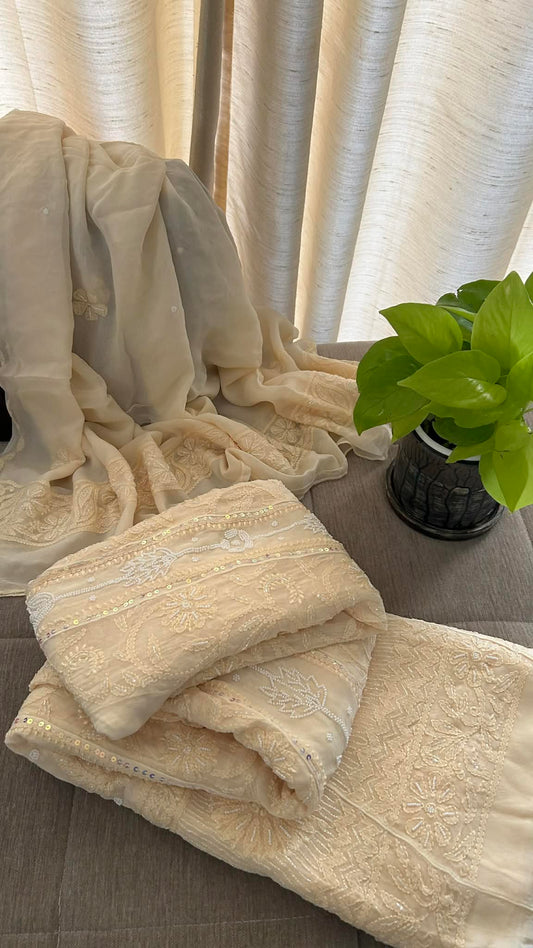 Beige Pearl Chikankari Anarkali Suit