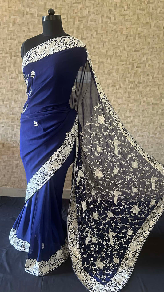 Elegant Navy Ivory Parsi Gara Saree
