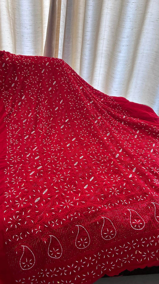 Red Pearl Chikankari Kurta & Dupatta Set