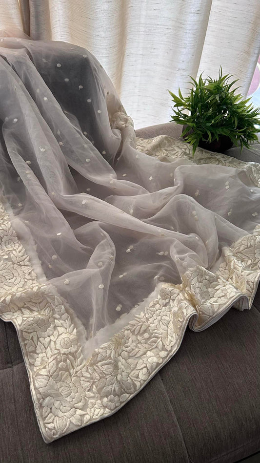 Ivory Organza Parsi Gara Dupatta