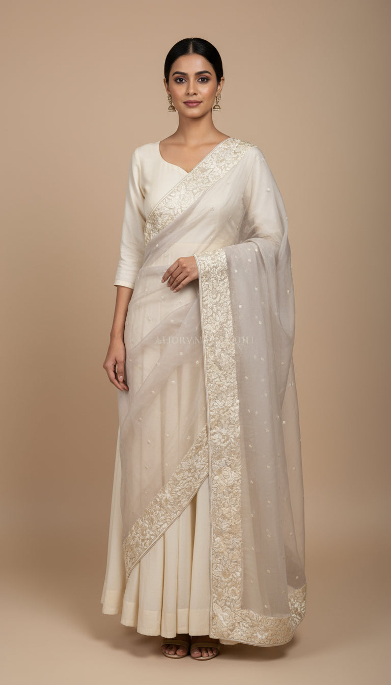 Ivory Organza Parsi Gara Dupatta