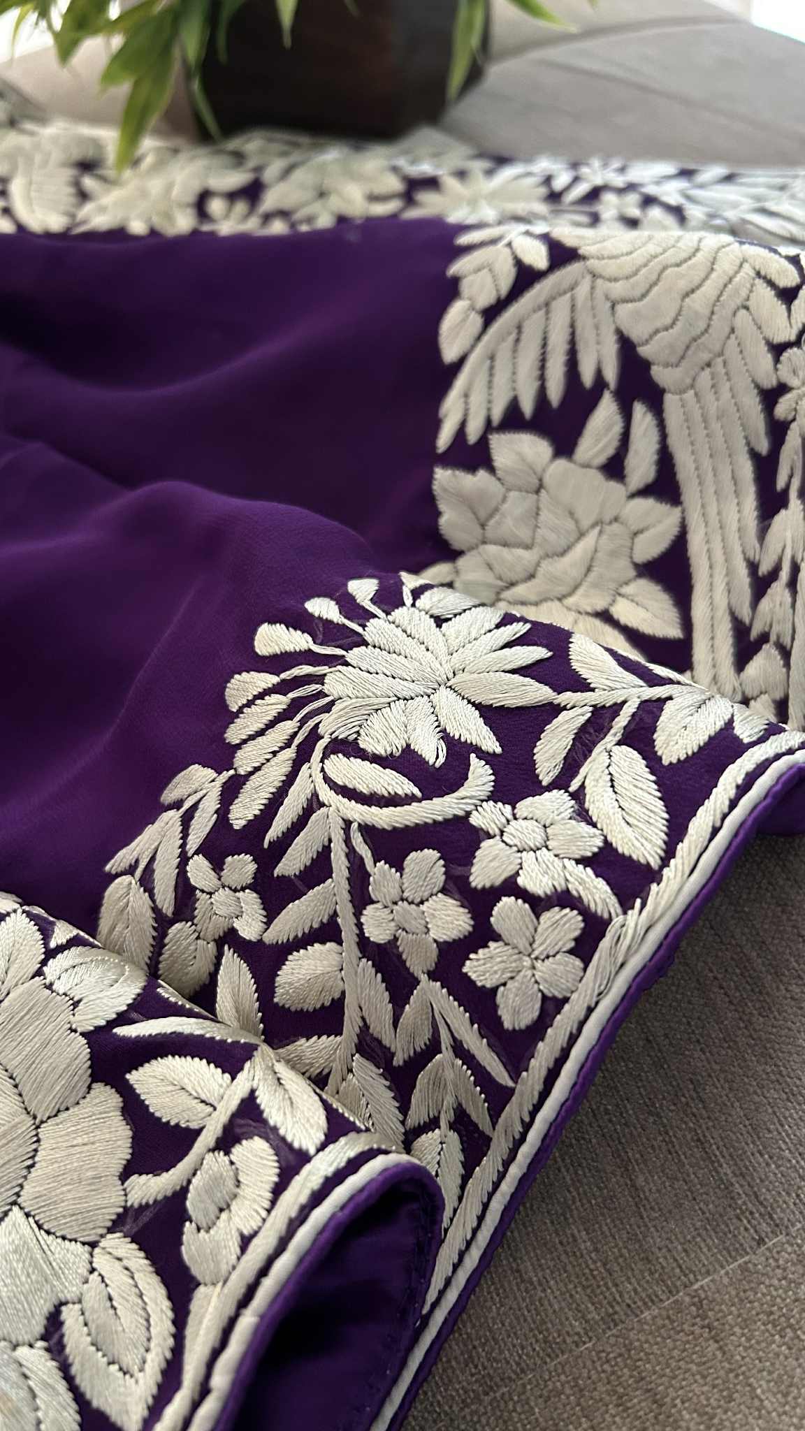Ivory & Purple Parsi Gara Dupatta