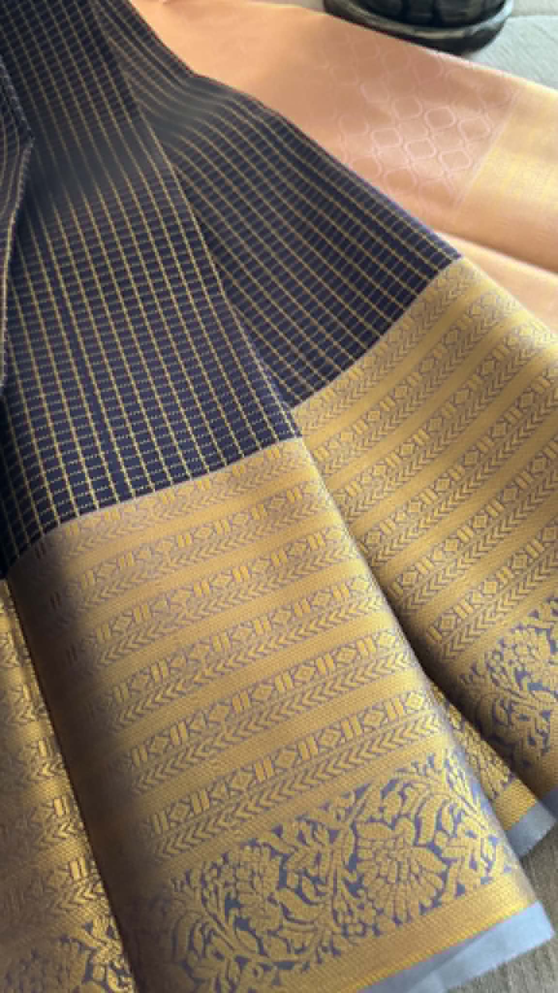 Designer Navy & Pink Checked Silk Saree