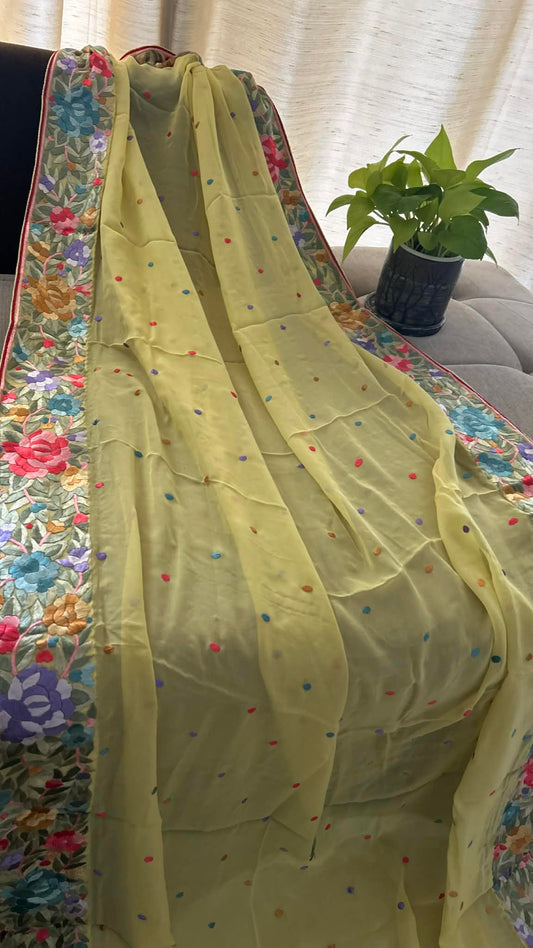 Artisanal Lemon Yellow Parsi Gara Dupatta