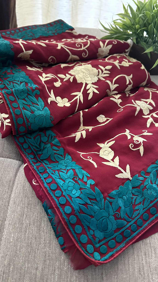 Designer Maroon Parsi Gara Hand Embroidered Saree