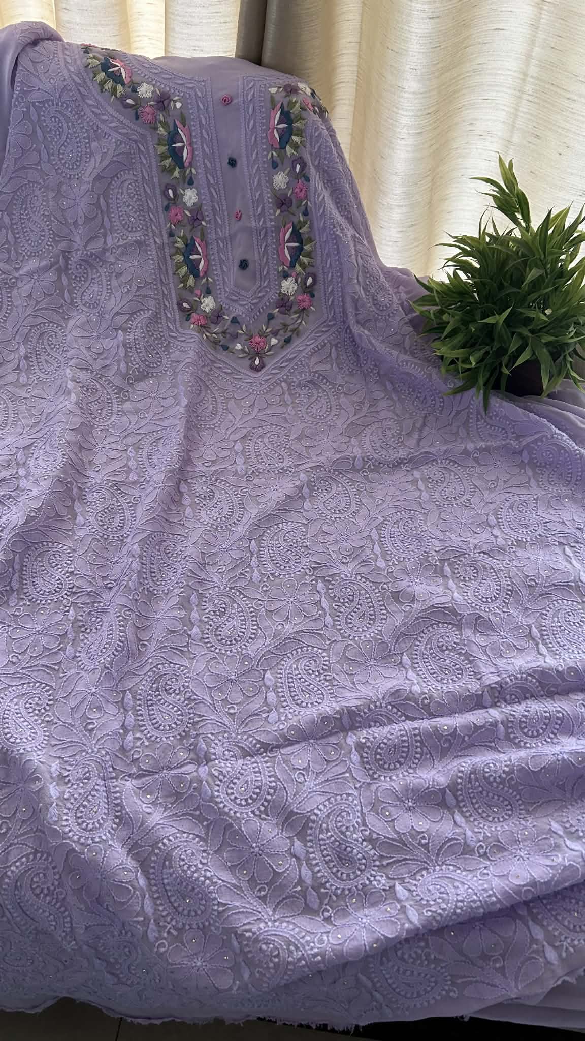 Lilac Chikankari Parsi Gara Neckline Suit