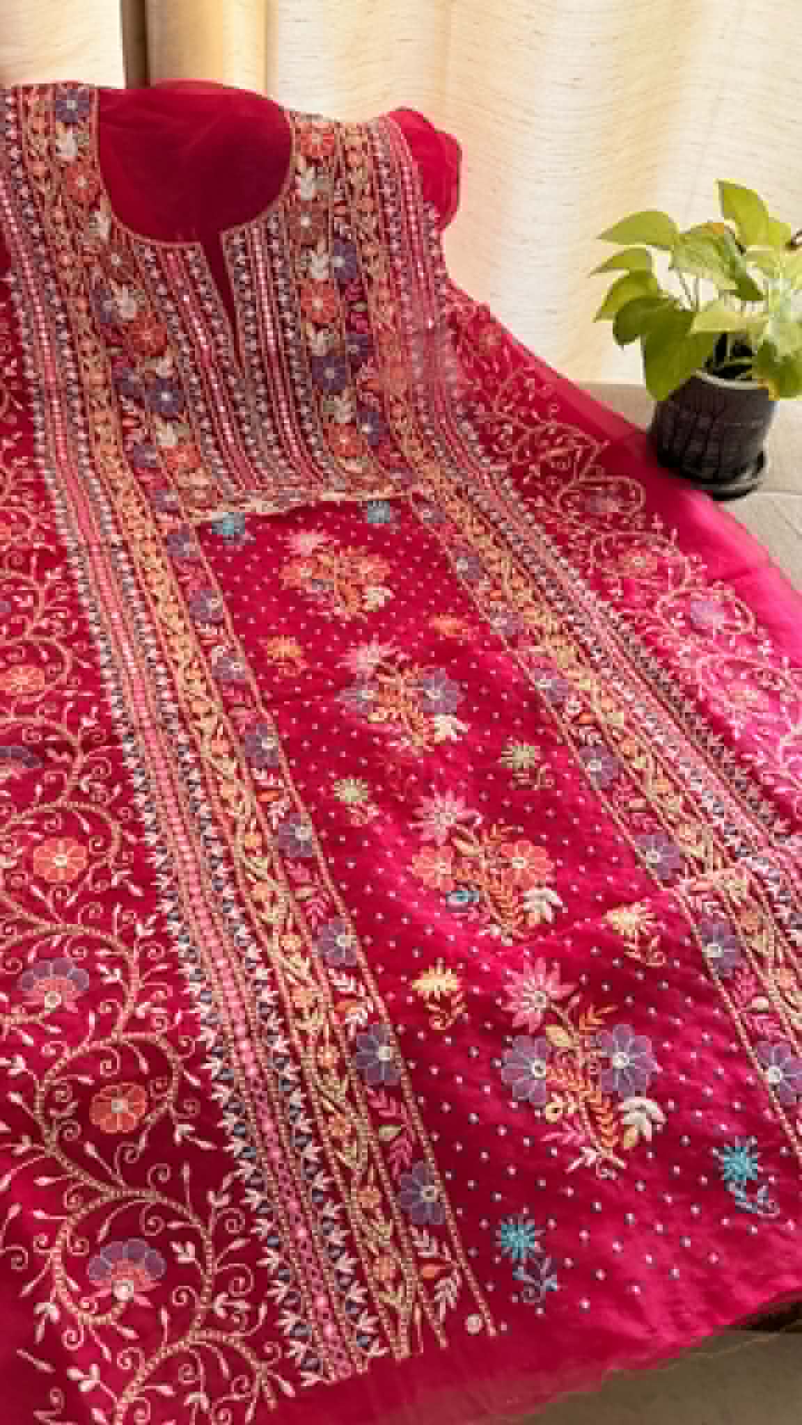 Luxury Pearl Handcrafted Organza Chikankari Suit- Magenta