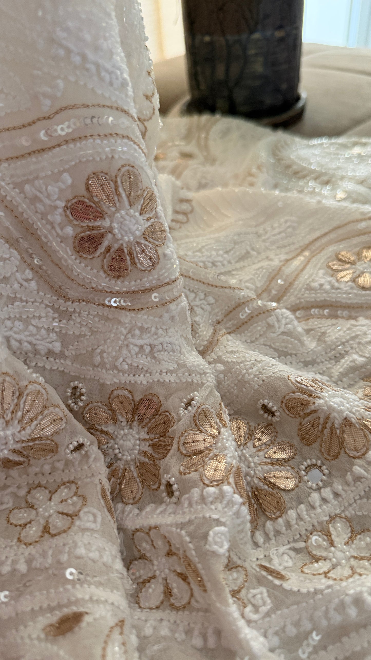 Ivory White Pearl Gota Patti Chikankari Saree