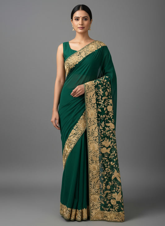 Emerald Green & Gold Hand Embroidered Parsi Gara Saree