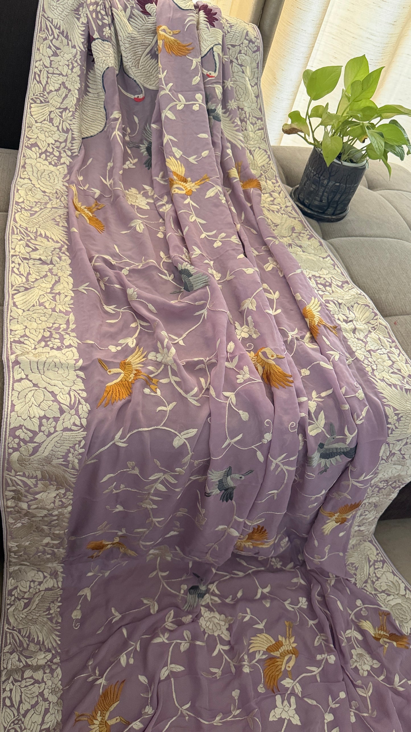Lilac Pure Georgette Parsi Gara Dupatta