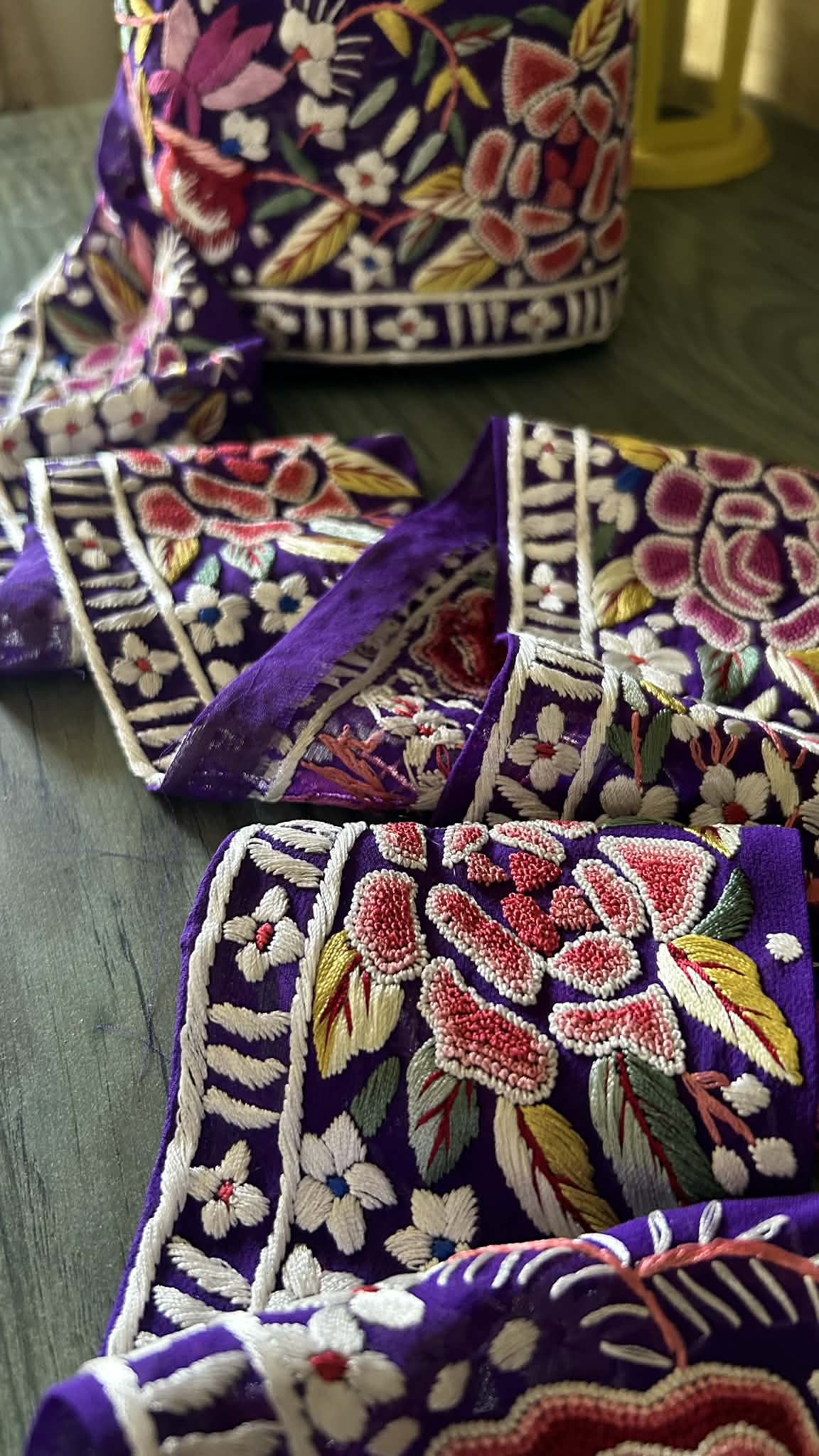 Hand Embroidered Parsi Gara Lace – Royal Purple Floral Border (9 Meter)