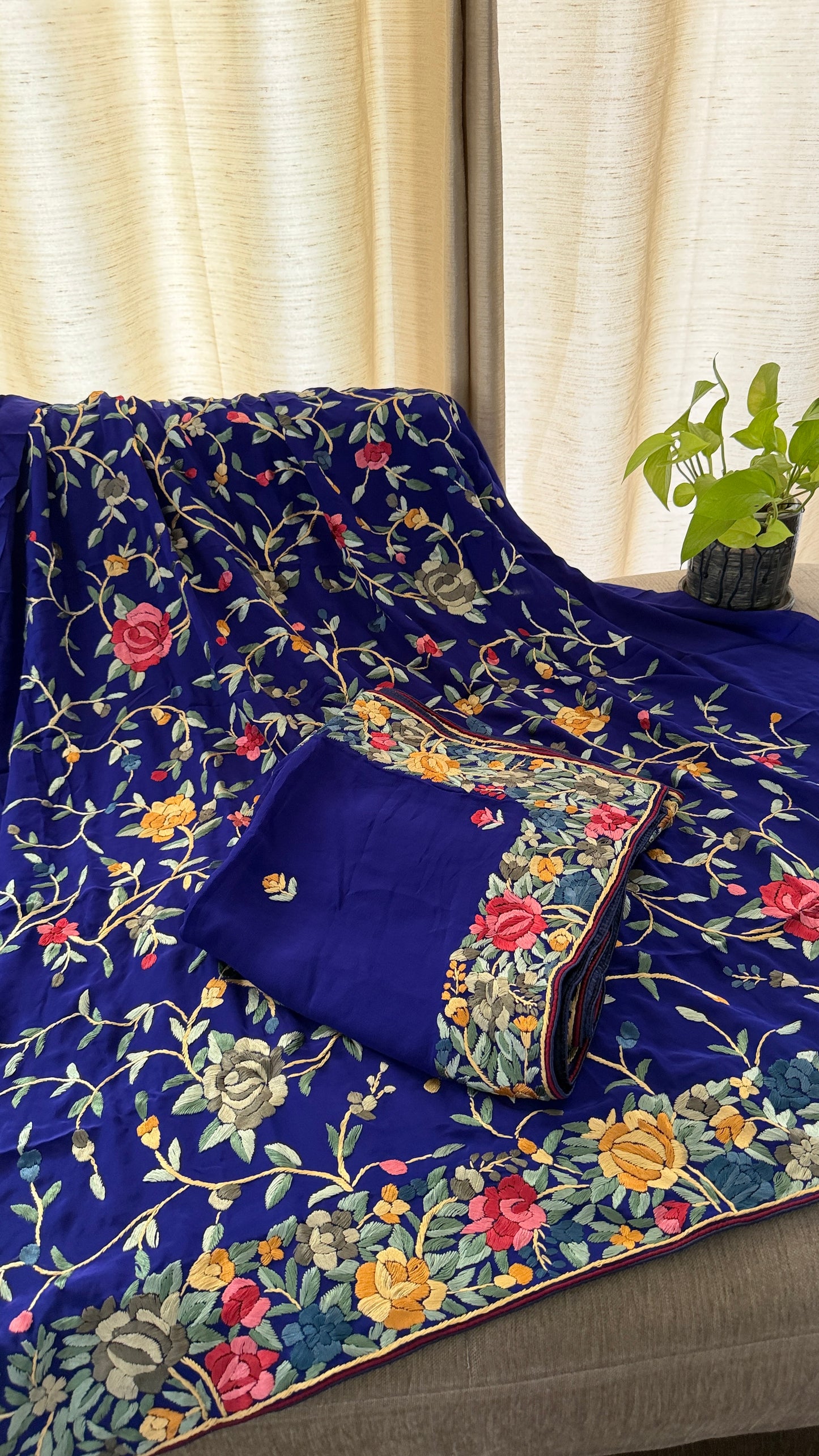 Royal Blue Floral Parsi Gara Suit (Three Piece)