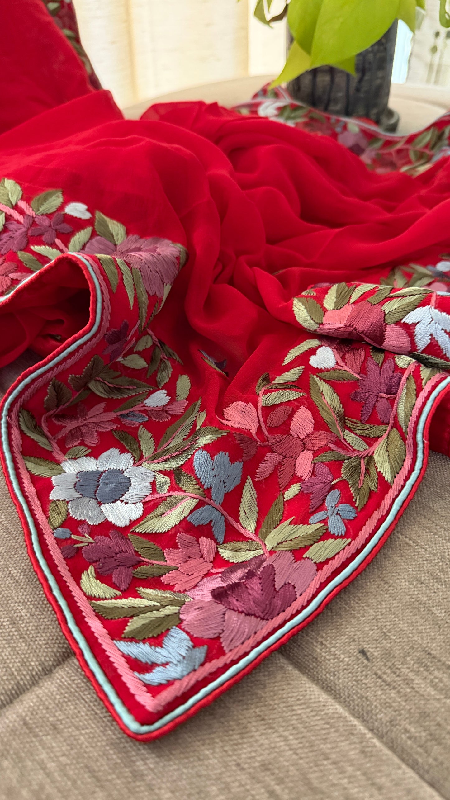 Artisanal Red Floral Parsi Gara Dupatta
