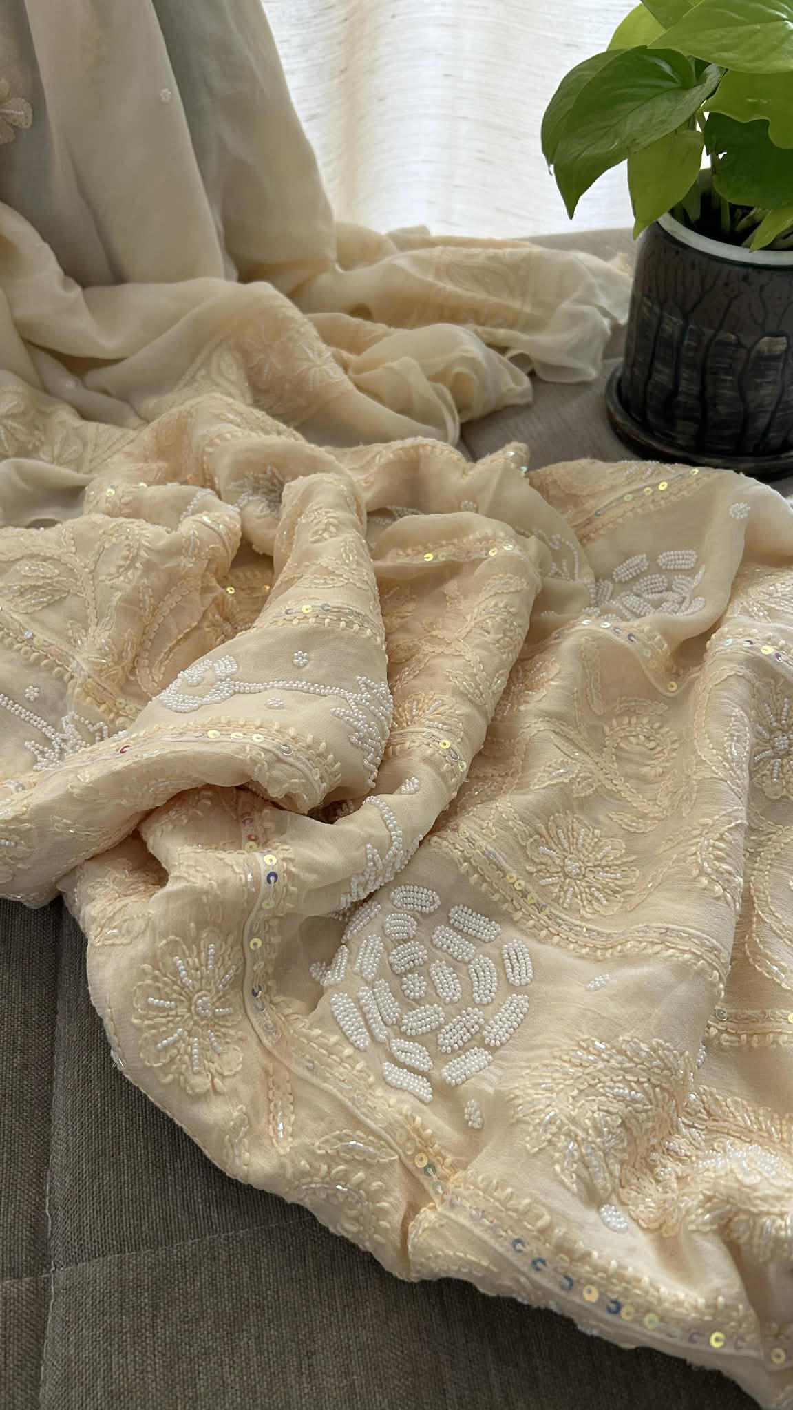 Beige Pearl Chikankari Anarkali Suit