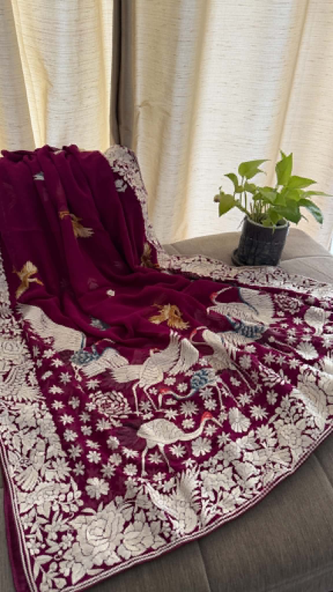 Designer Burgundy Parsi Gara Dupatta