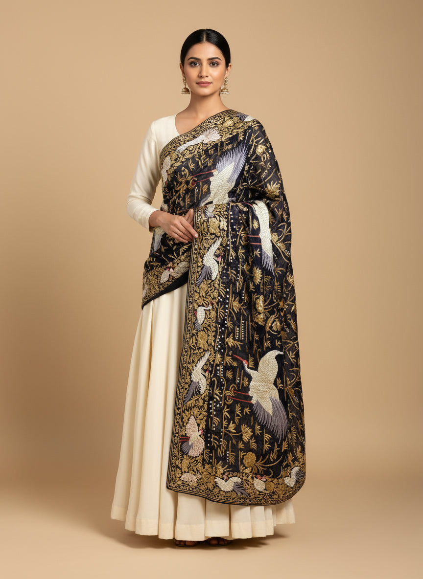 Pre Order Designer Black Parsi Gara Dupatta
