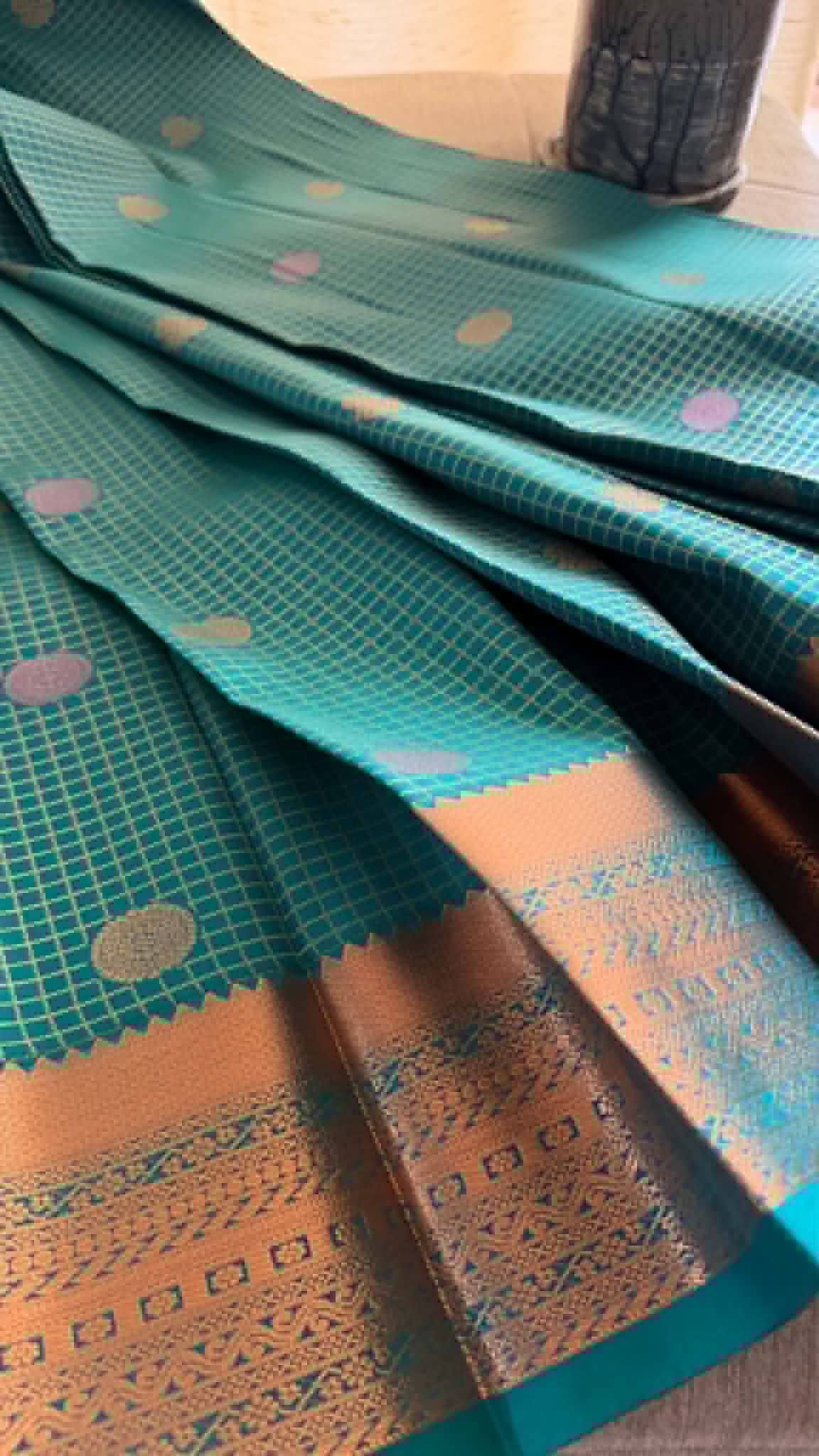 Designer Turquoise Checked Silk Saree
