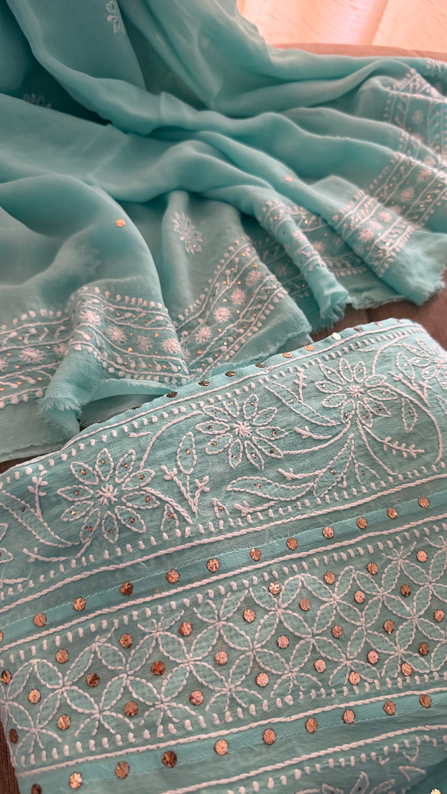 Sea Green Chikankari Anarkali Suit With Golden Mukaish (Anarkali And Dupatta)