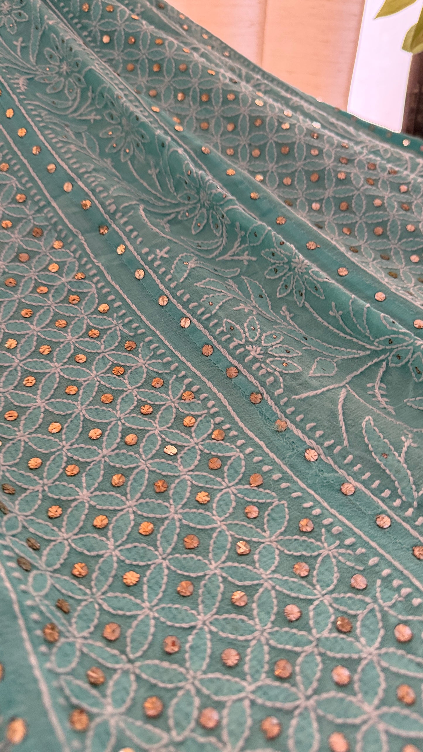 Sea Green Chikankari Anarkali Suit With Golden Mukaish (Anarkali And Dupatta)