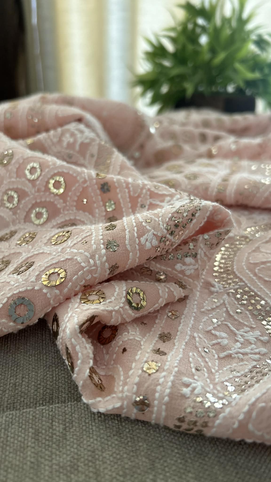 Pastel Pink Ring Mukaish Chikankari Suit (Kurta & Dupatta)