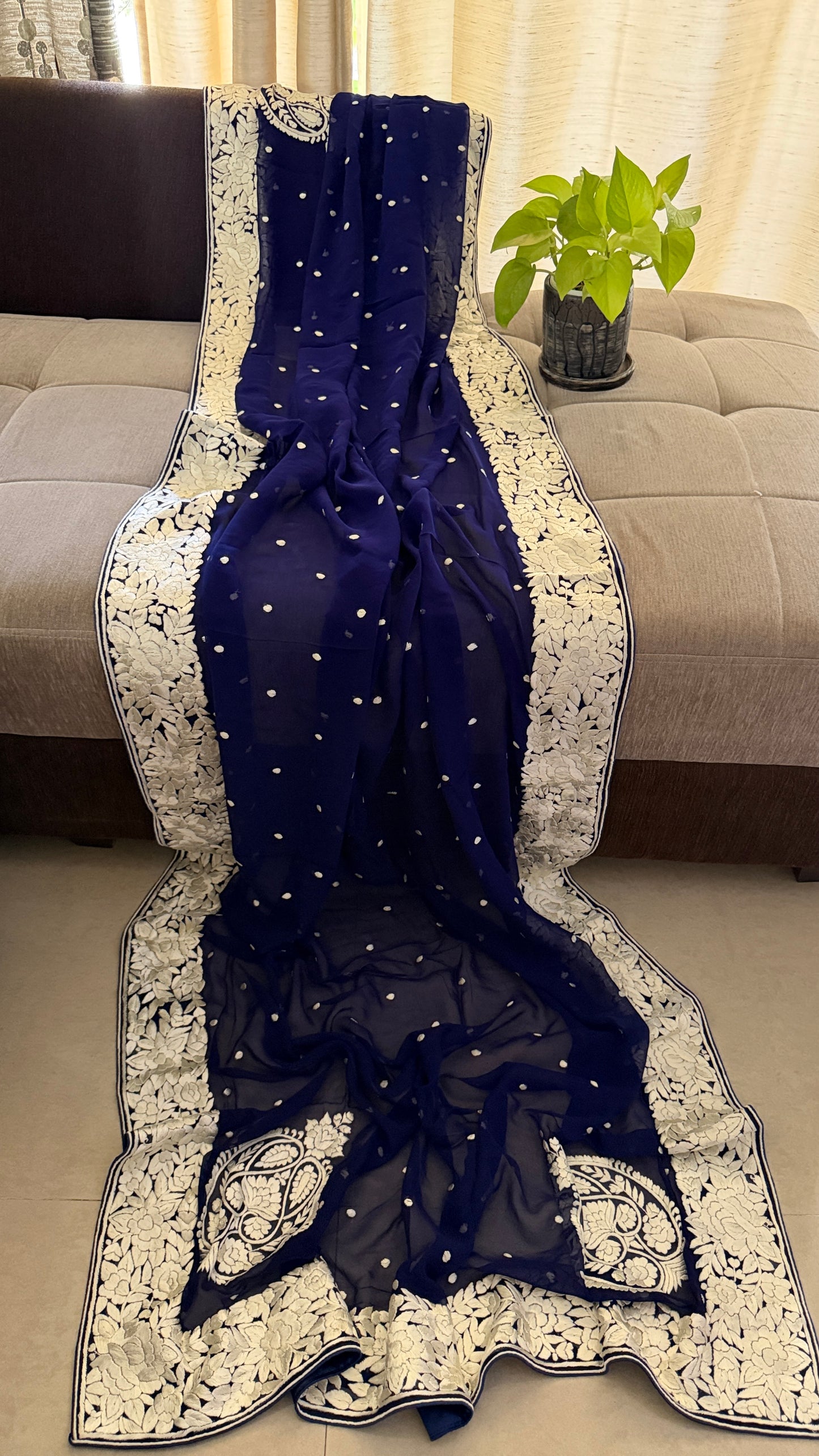 Heirloom Navy Ivory Pure Georgette Parsi Gara Dupatta