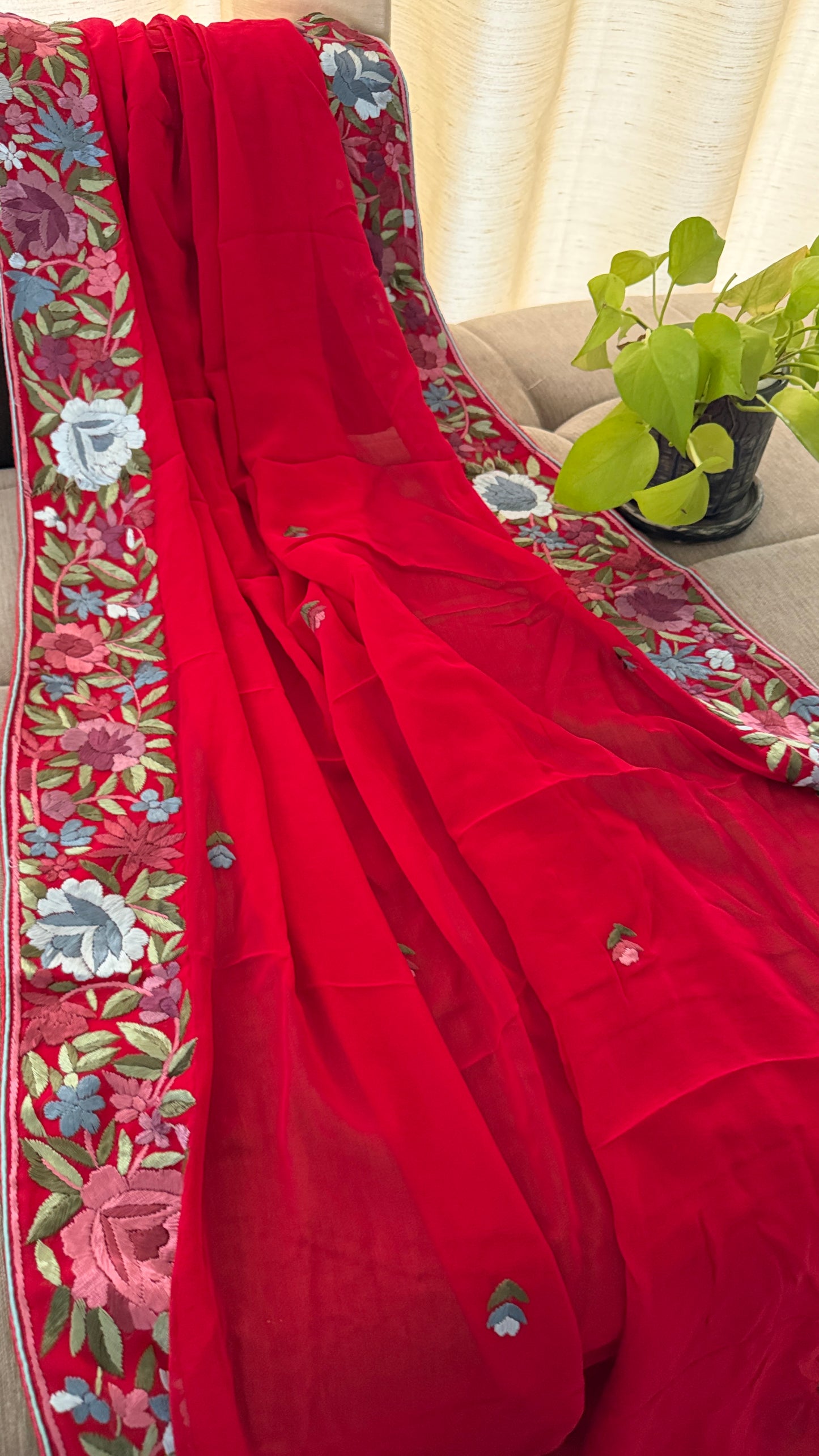 Artisanal Red Floral Parsi Gara Dupatta
