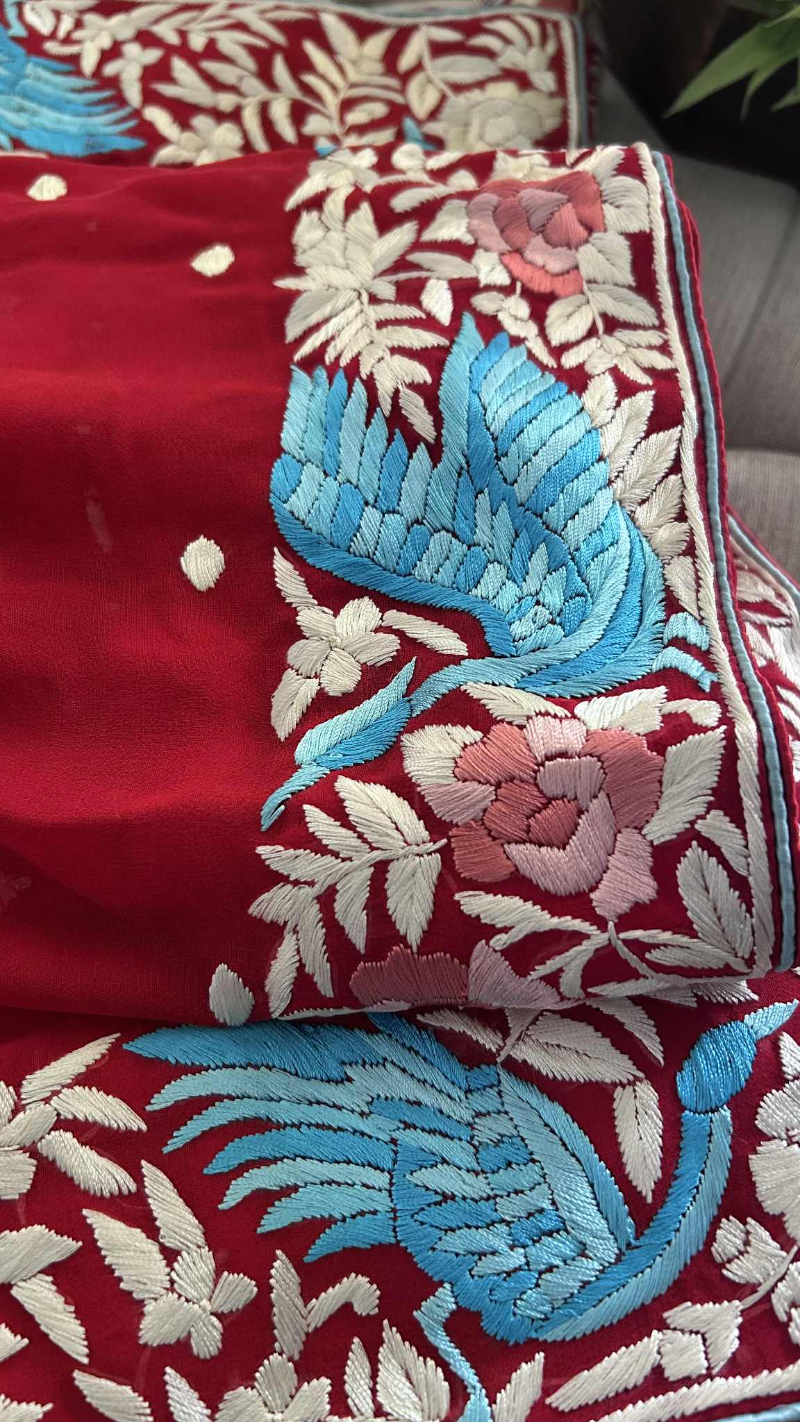 Pre Order Designer Red Parsi Gara Hand Embroidered Dupatta