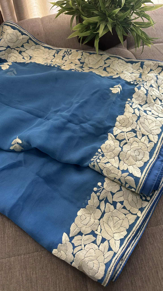 Pre Order Blue & Ivory Parsi Gara Dupatta