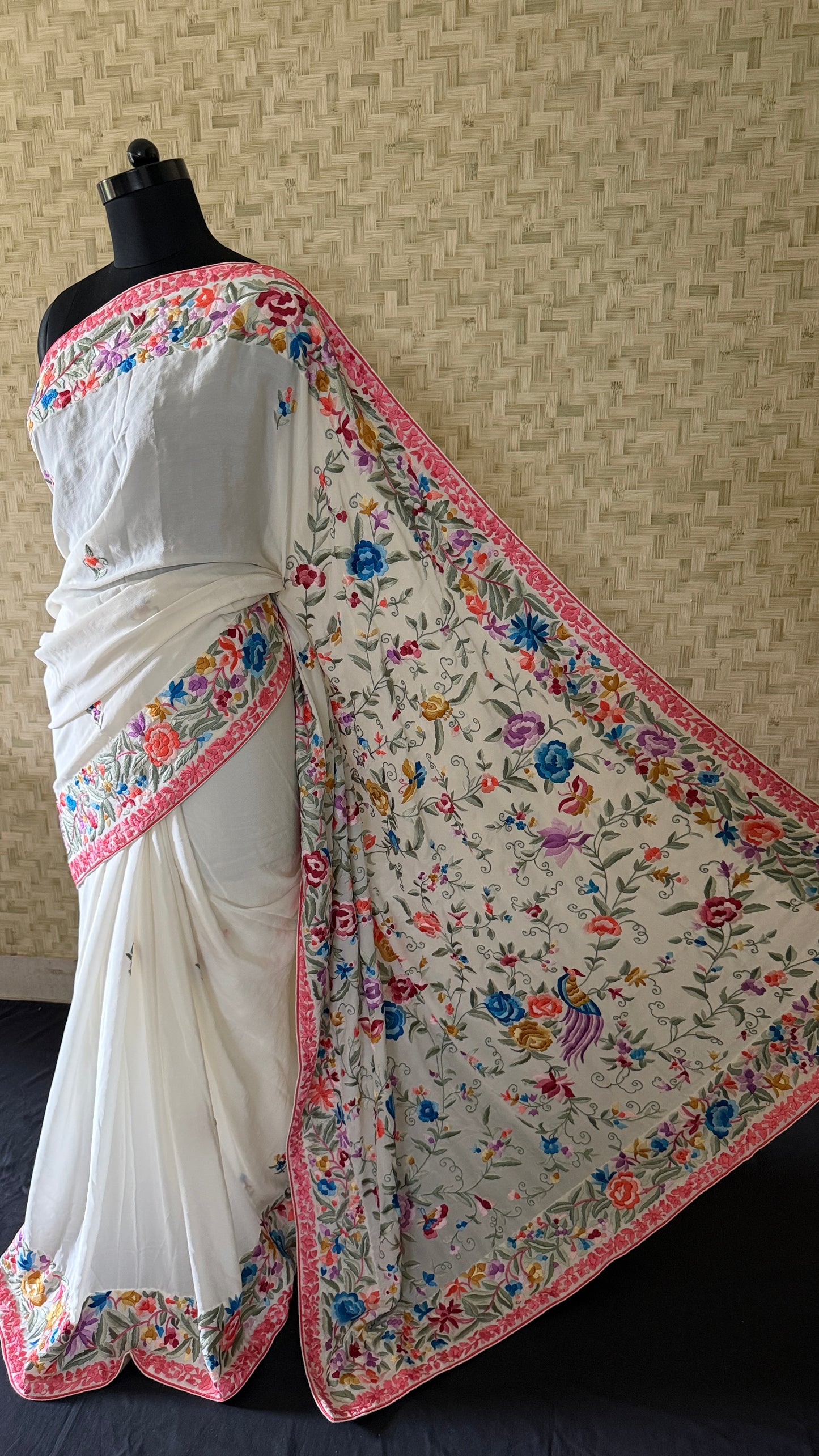 Heritage Cream Parsi Gara Hand Embroidered Saree-Crepe Silk