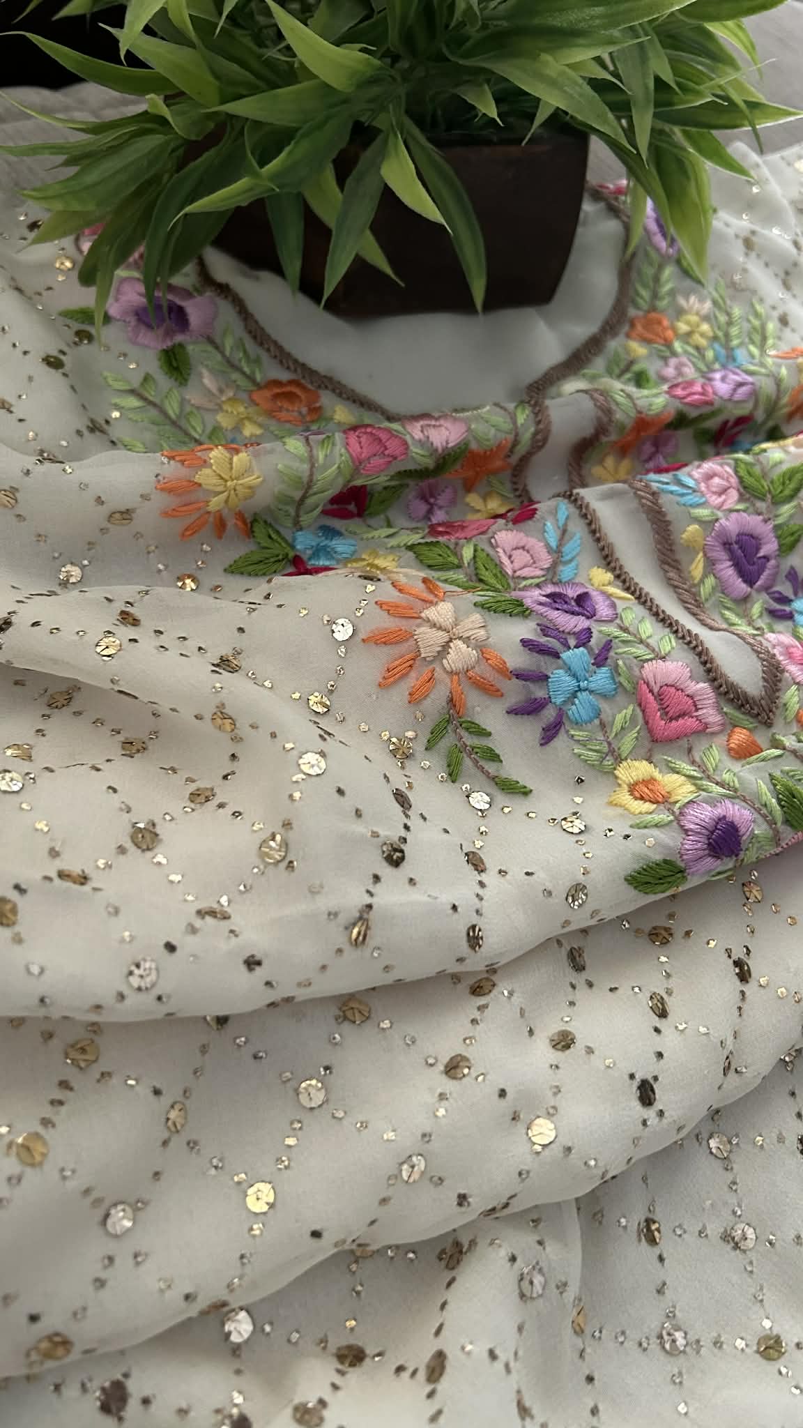 Ivory White Kamdani Parsi Gara Neckline Suit