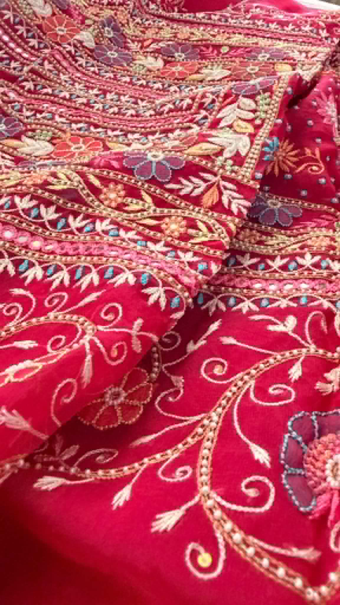 Luxury Pearl Handcrafted Organza Chikankari Suit- Magenta