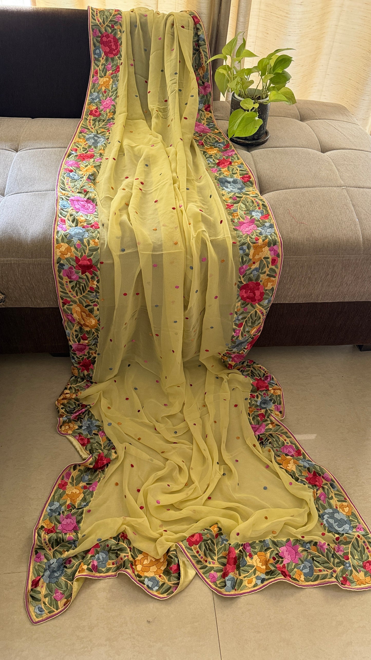 Artisanal Lemon Yellow Parsi Gara Dupatta