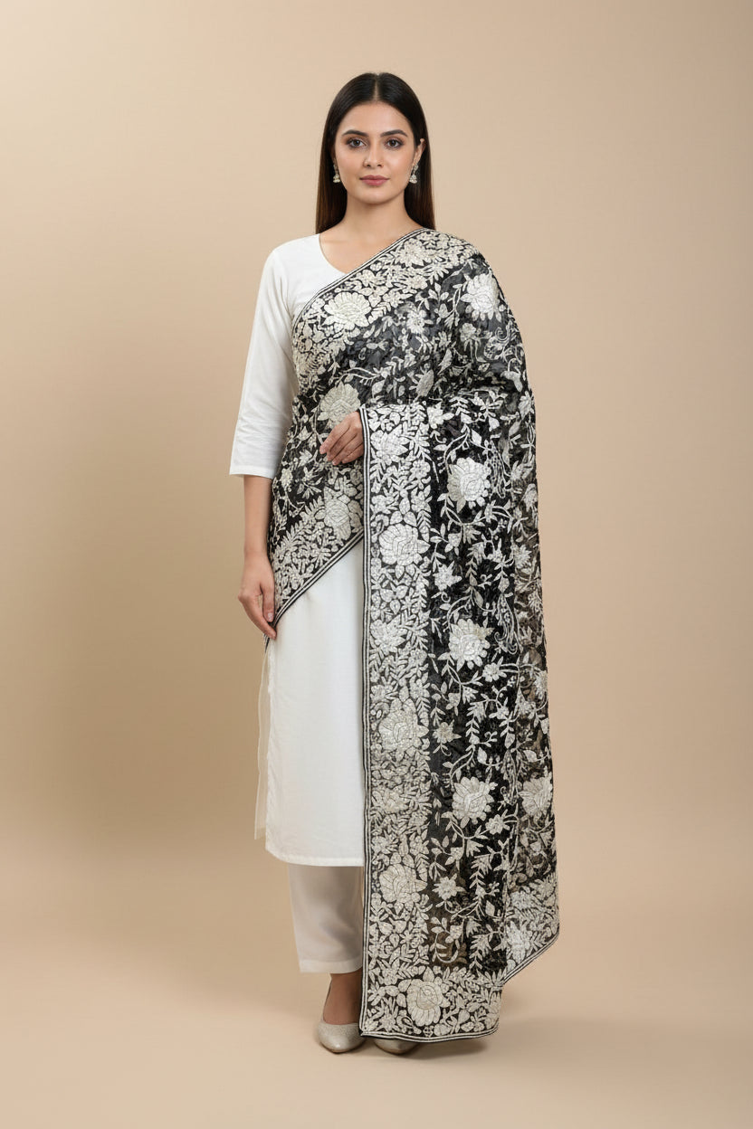 Pre Order Designer Ivory and Black Parsi Gara Hand Embroidered Dupatta