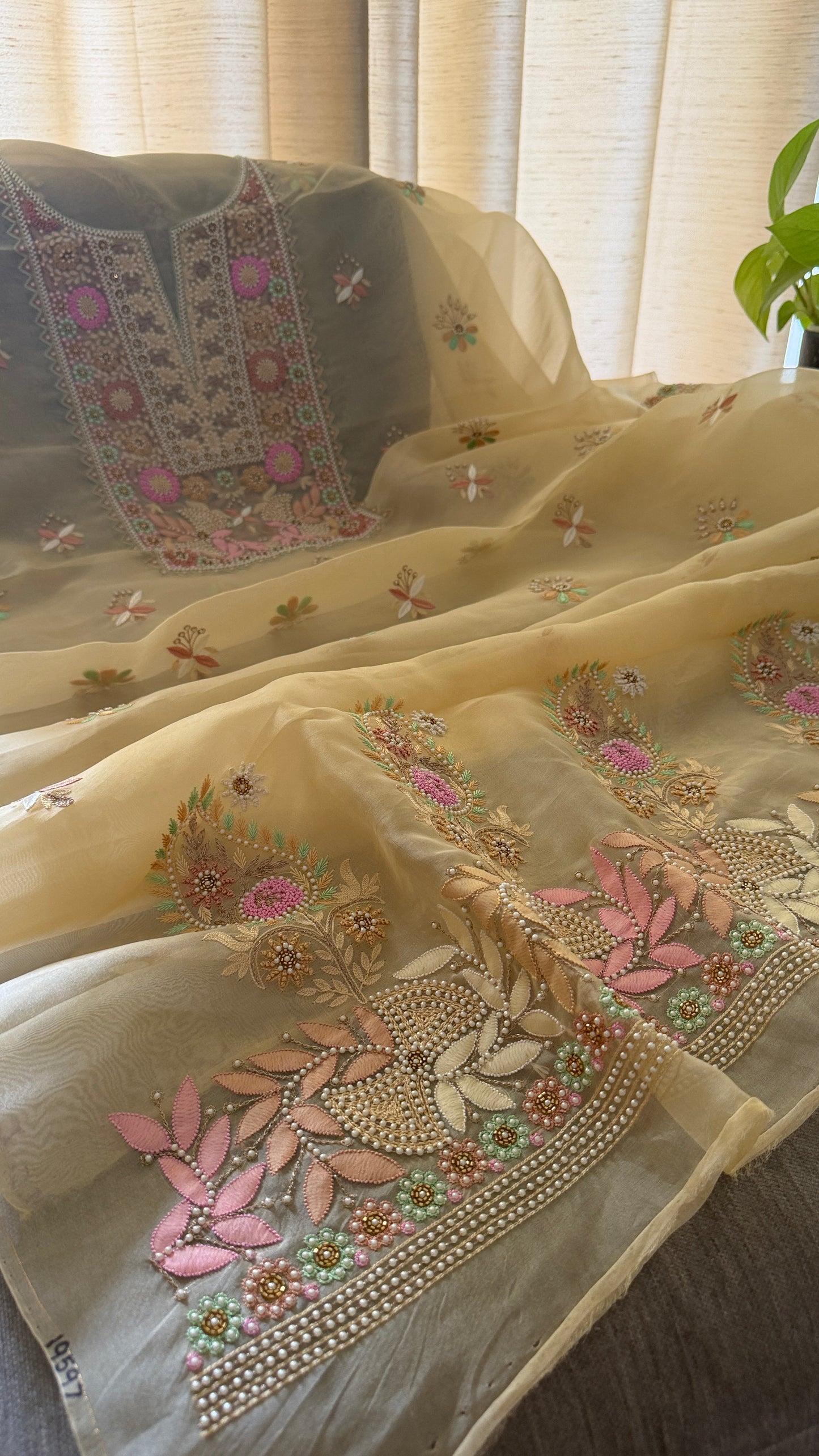 Exclusive Beige Organza Pearls Chikankari Suit