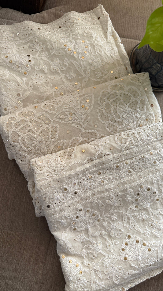 Ivory White Golden Mukaish Chikankari Dupatta