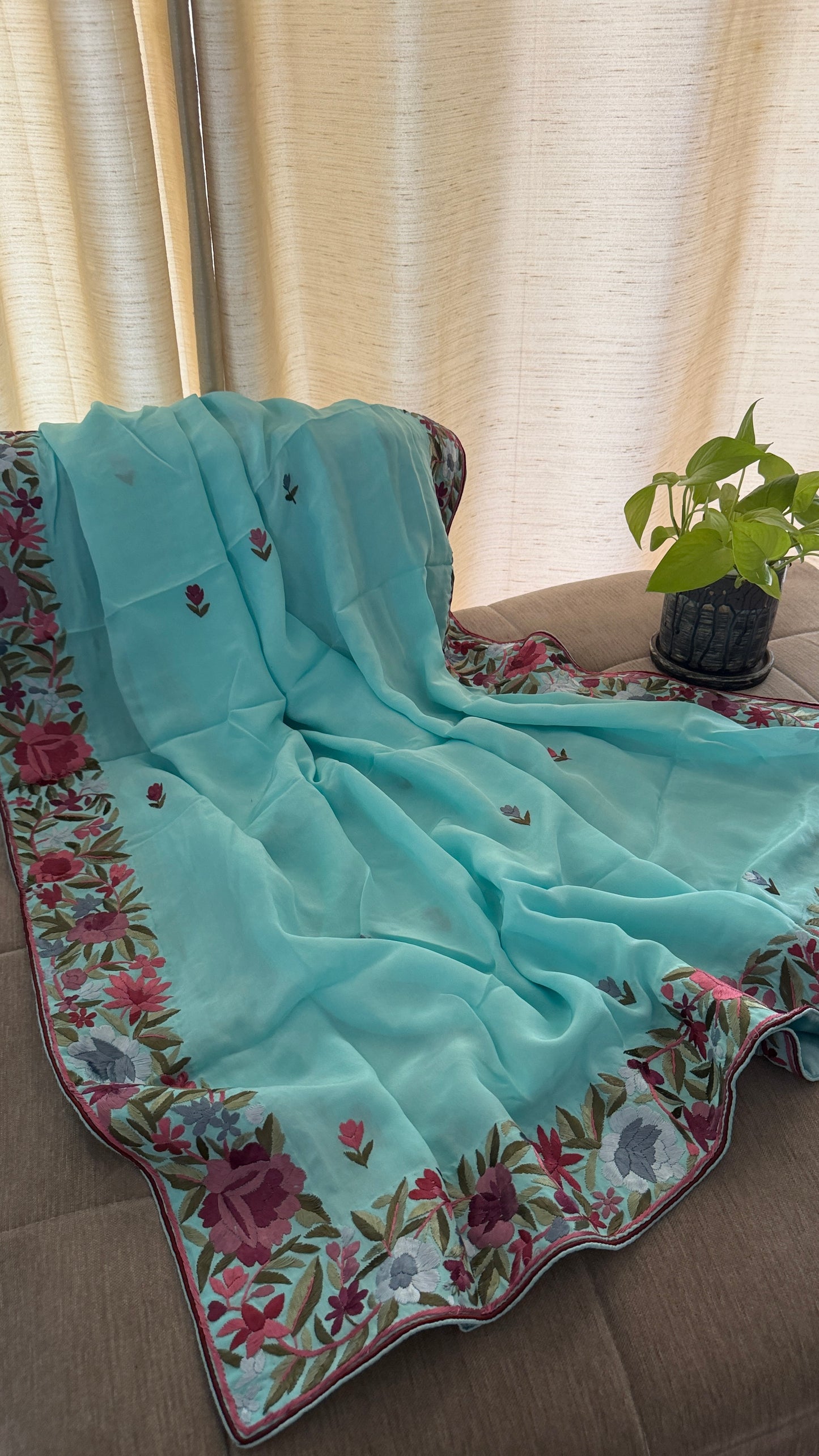 Designer Aqua Green Crepe Silk Parsi Gara Dupatta