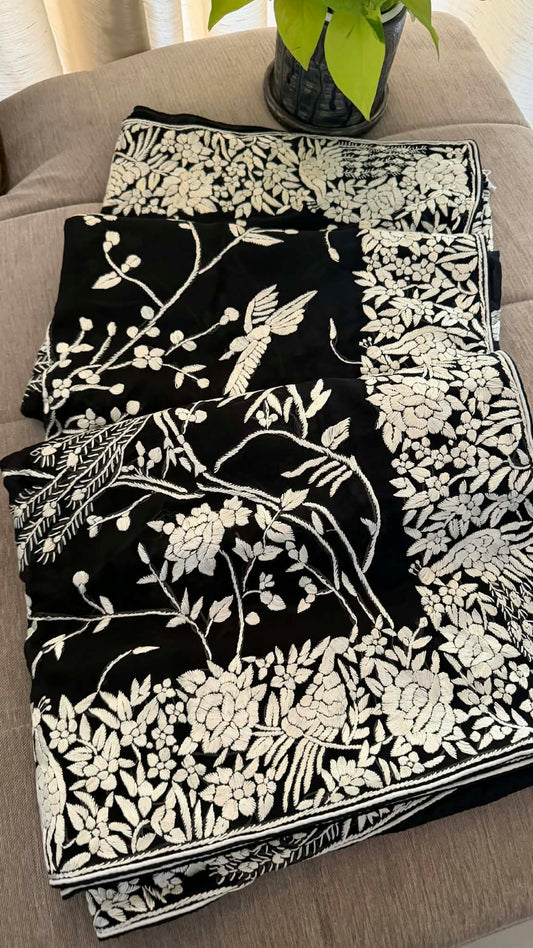Artisanal Black & Ivory Parsi Gara Saree