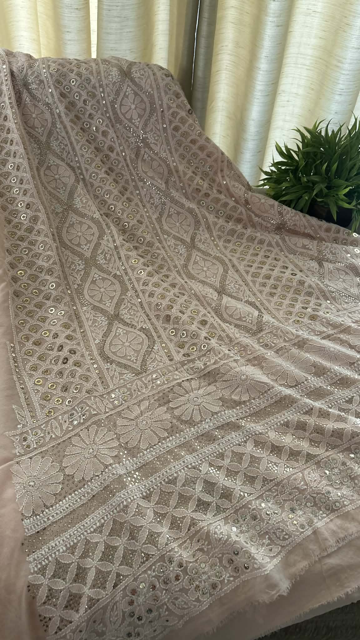Pastel Pink Ring Mukaish Chikankari Suit (Kurta & Dupatta)