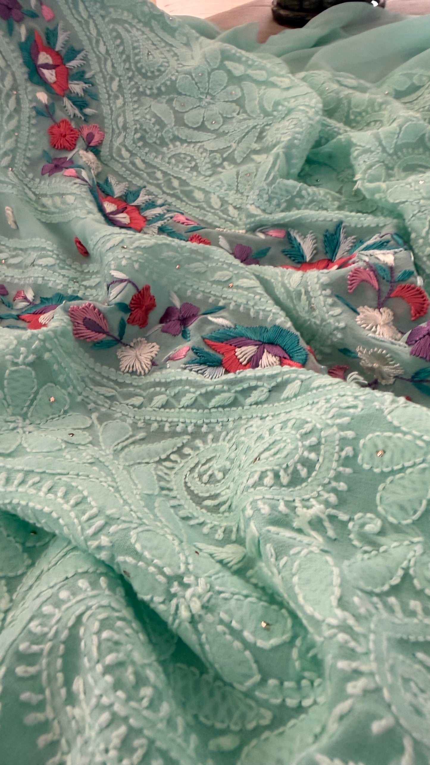 Sea Green Parsi Gara Chikankari Suit