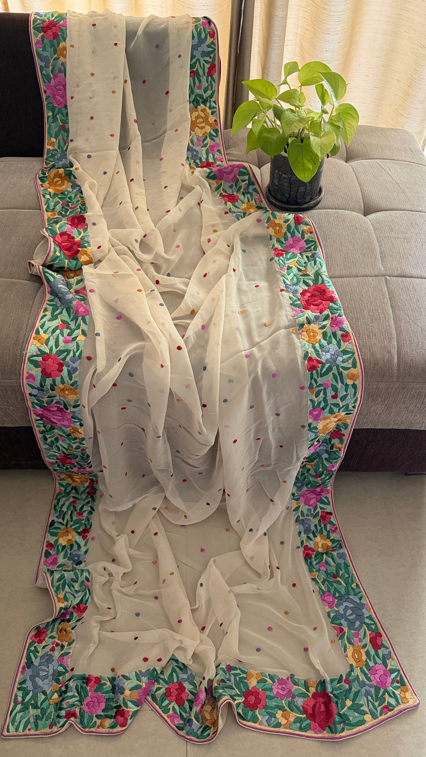 Artisanal Cream Multicolour Parsi Gara Dupatta