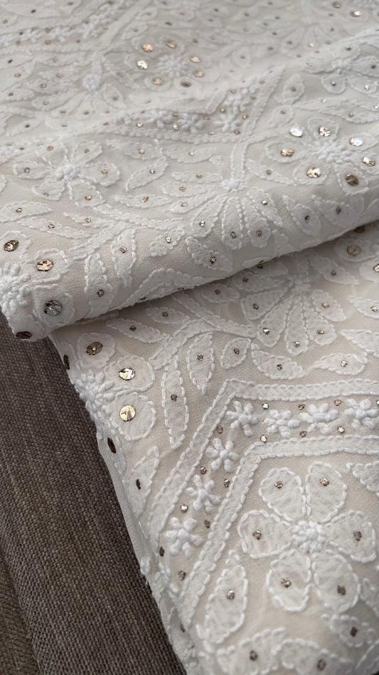 Ivory White Mukaish Chikankari Kurti Fabric (Only Kurti)