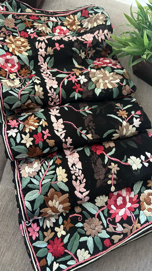 Black Floral Multicolour Parsi Gara Dupatta