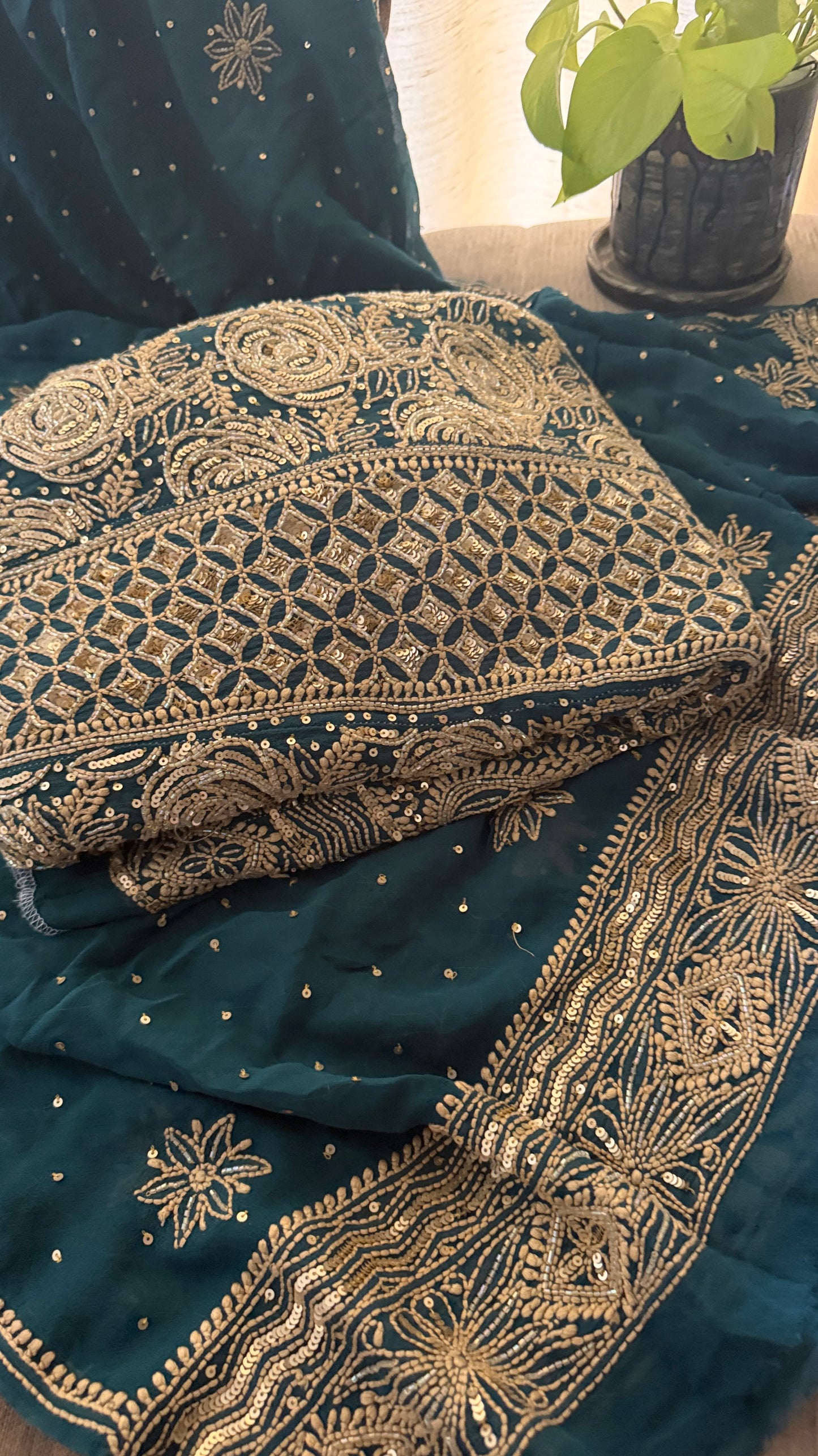 Dusty Emerald Green Cut Dana Chikankari Anarkali Suit