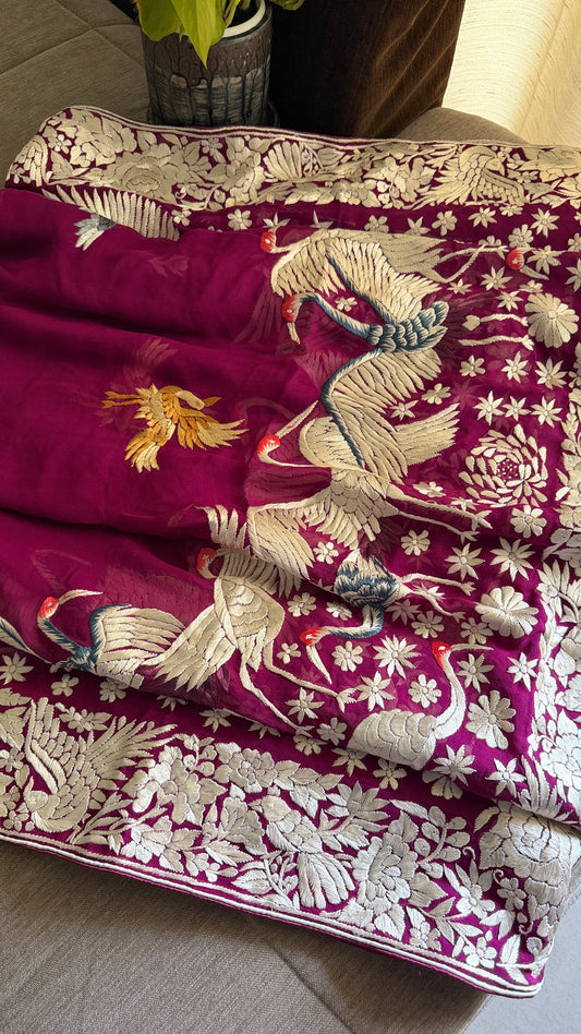 Designer Burgundy Parsi Gara Dupatta