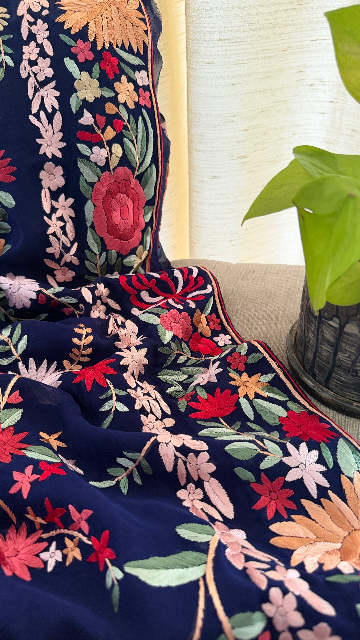 Navy Multicolour Floral Parsi Gara Saree