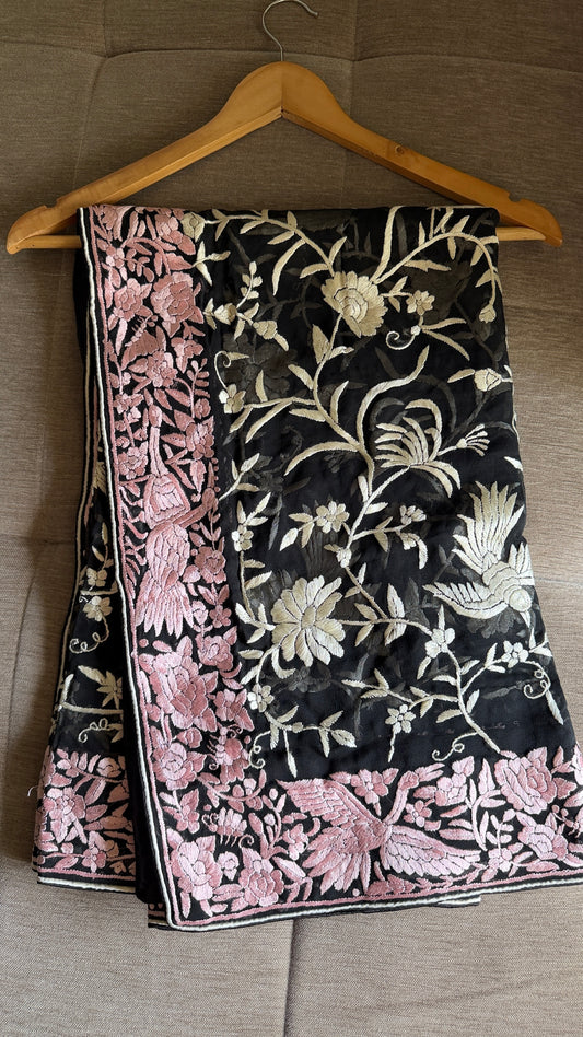 Designer Black Parsi Gara Dupatta with Pink Border